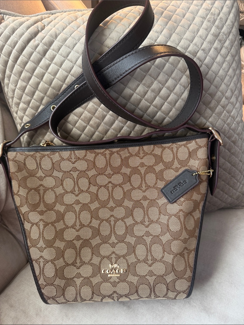 Coach Brown Signature Canvas Crossbody with Dark Brown Trim and Gold Hardware